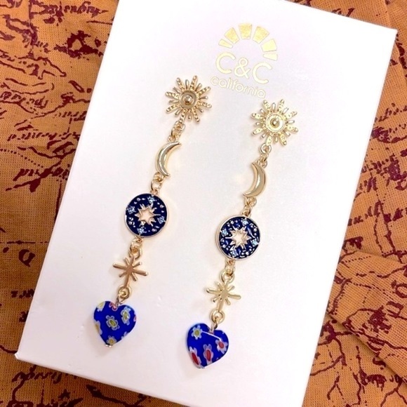 Brand New C&C California Gold Tone Blue Flower Heart Moon Star Drop Earrings - Picture 2 of 14